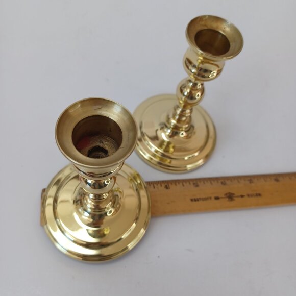 Baldwin Brass Candlesticks Holders 5" Height Vintage Set of 2 Round Base - Picture 8 of 9